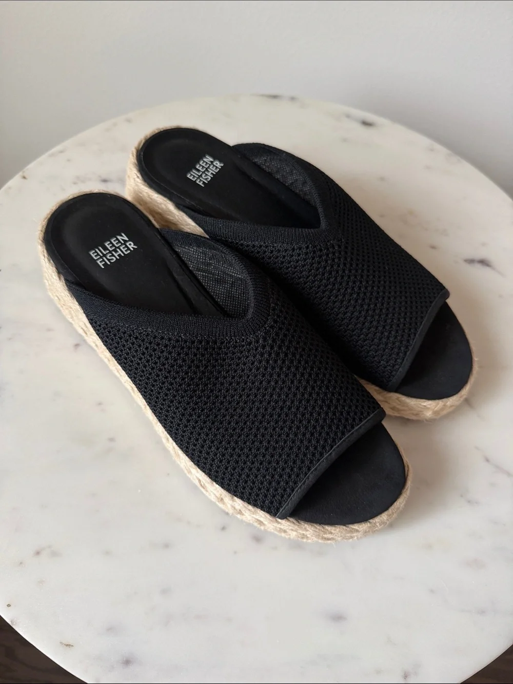 Eileen Fisher Black Mesh Espadrille Slides with Natural Jute Sole